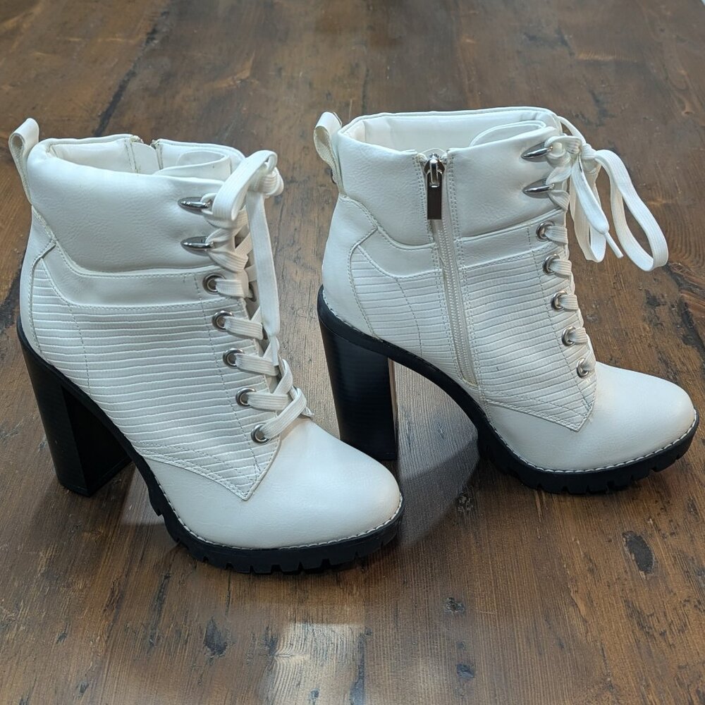 Winter White, heeled, feminine, rubber, lug-sole boots - Size  US8 / EU38.5